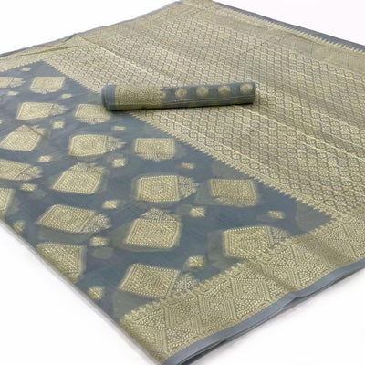 Grey Woven-Sequins Handloom Silk Saree
