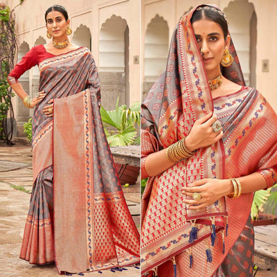 Grey Woven Silk Saree With Tassels