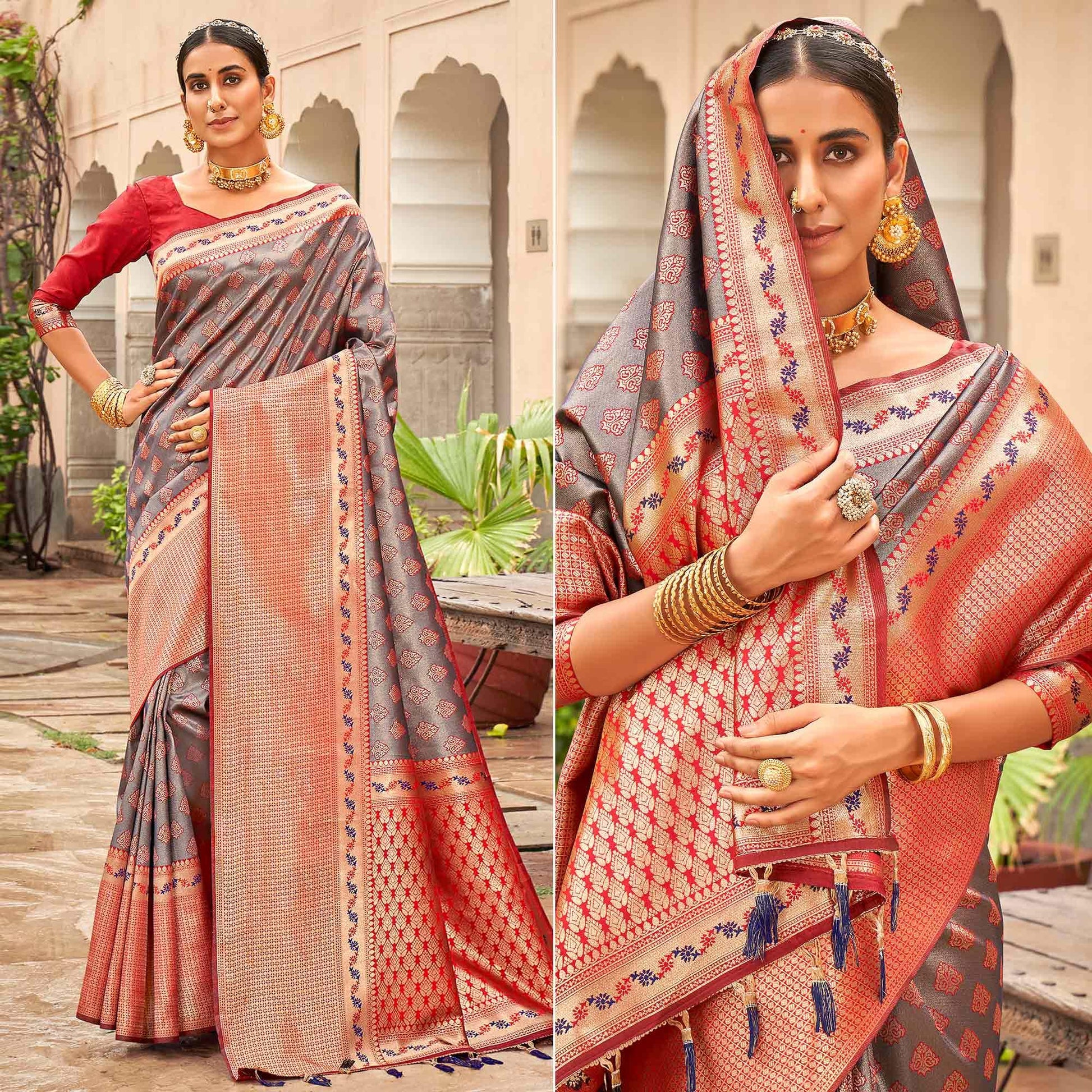 Grey Woven Silk Saree With Tassels