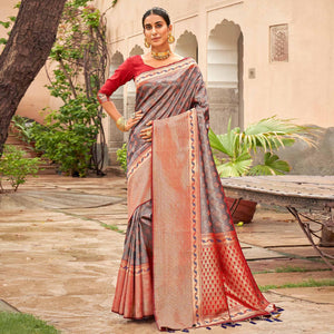 Grey Woven Silk Saree With Tassels