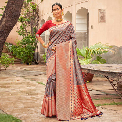 Grey Woven Silk Saree With Tassels