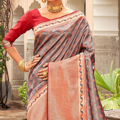 Grey Woven Silk Saree With Tassels