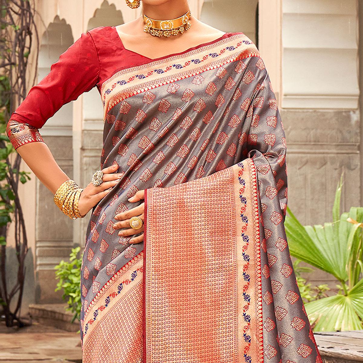 Grey Woven Silk Saree With Tassels
