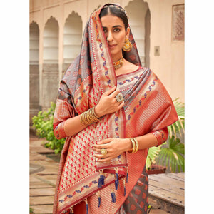 Grey Woven Silk Saree With Tassels
