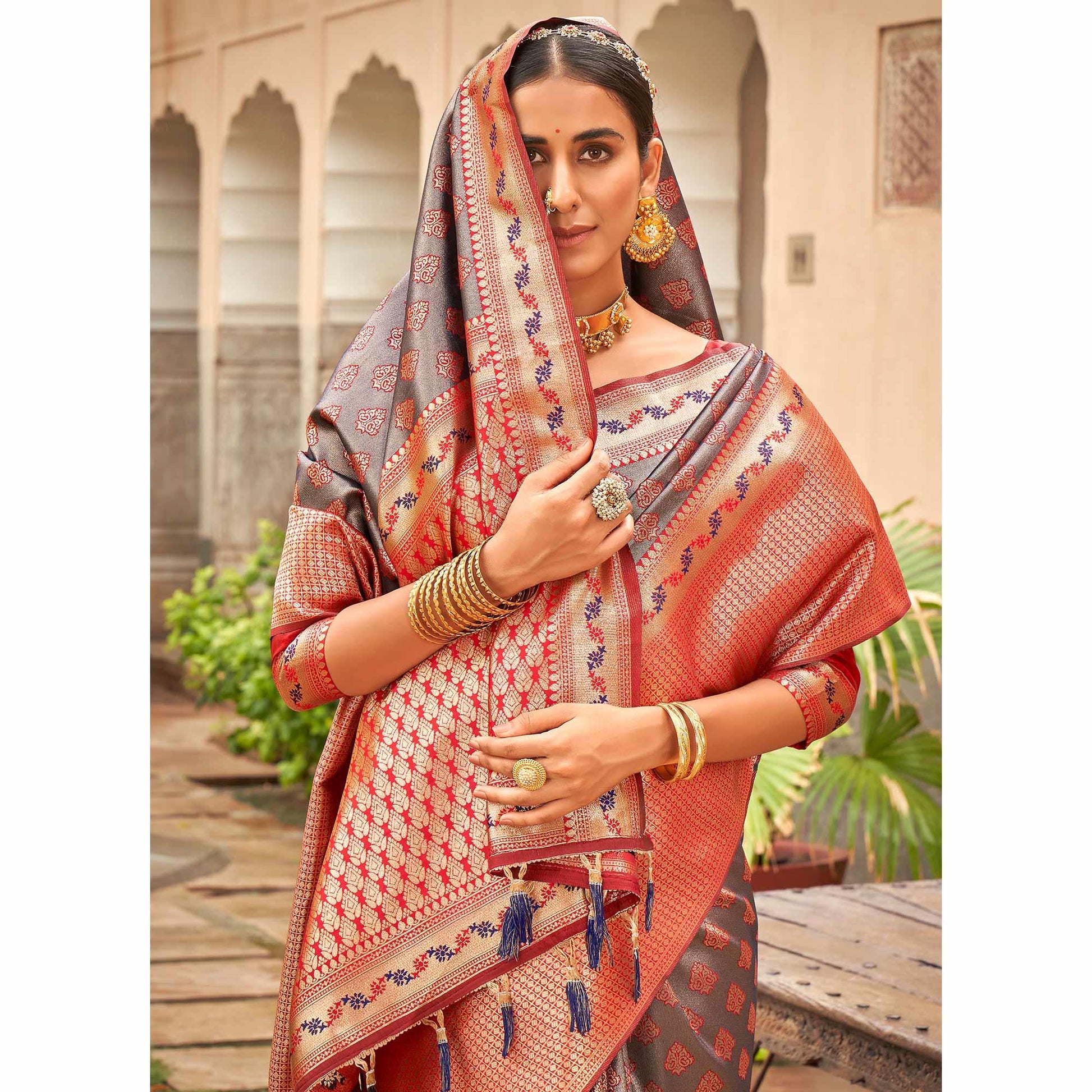 Grey Woven Silk Saree With Tassels