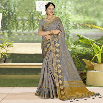 Grey Woven With Embellished Organza Saree With Tassels