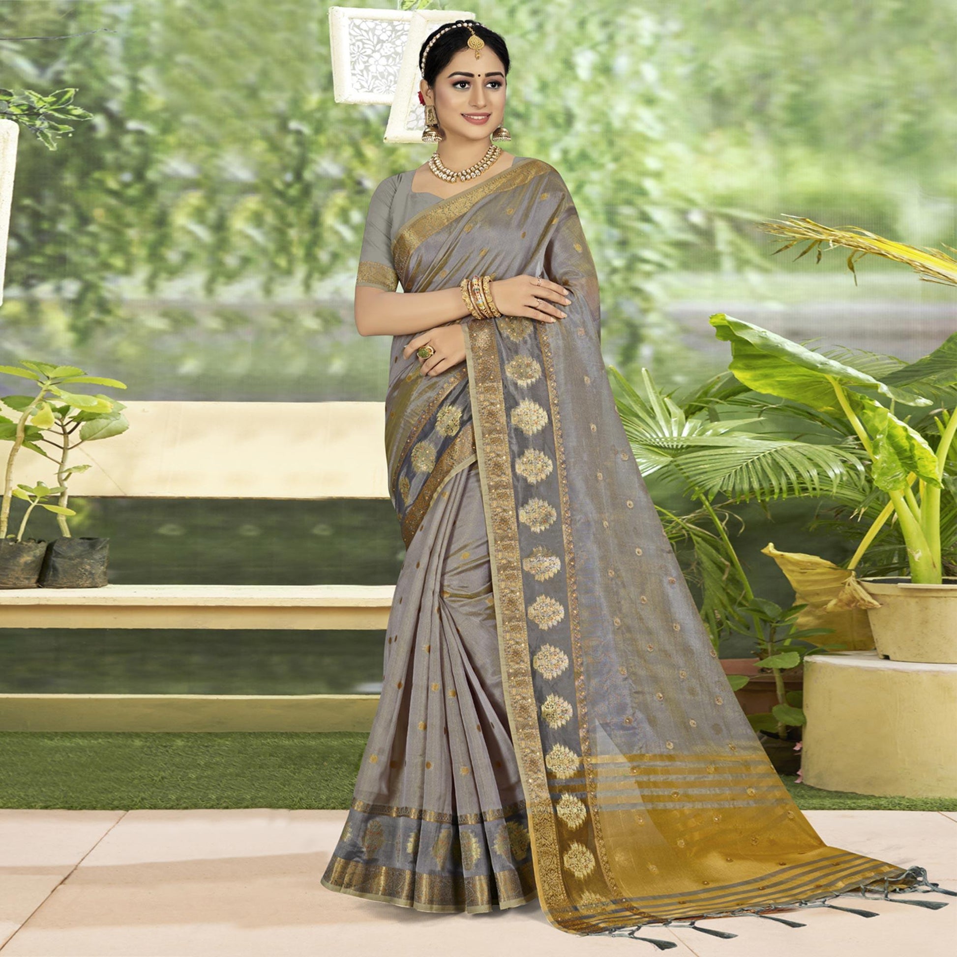 Grey Woven With Embellished Organza Saree With Tassels