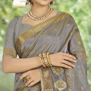Grey Woven With Embellished Organza Saree With Tassels