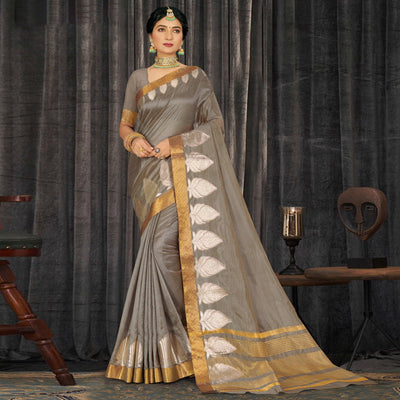 Grey Woven With Embellished Cotton Blend Saree