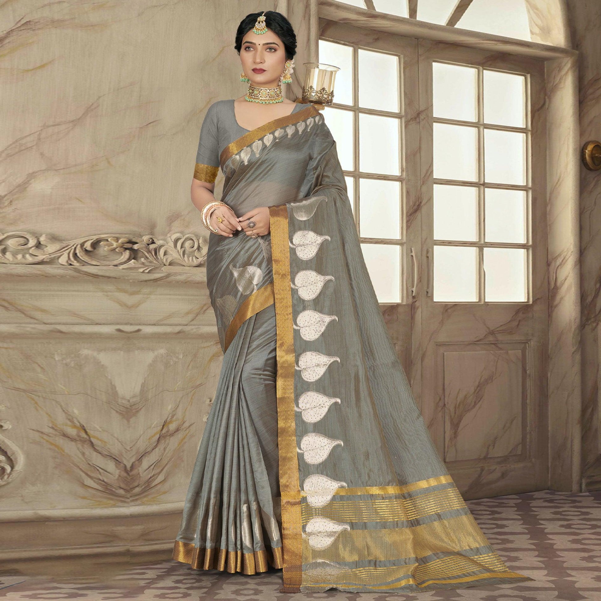 Grey Woven With Embellished Cotton Blend Saree