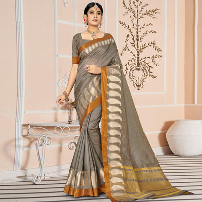 Grey Woven With Embellished Cotton Blend Saree