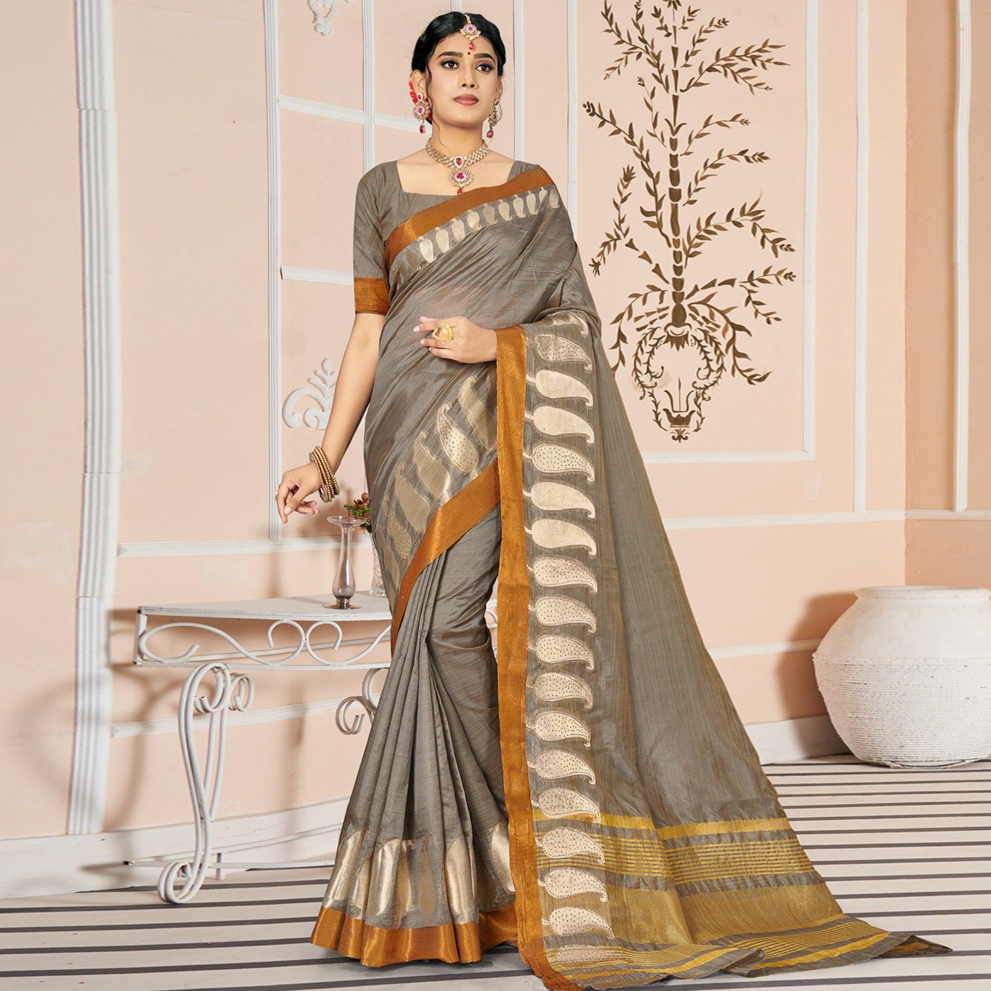 Grey Woven With Embellished Cotton Blend Saree