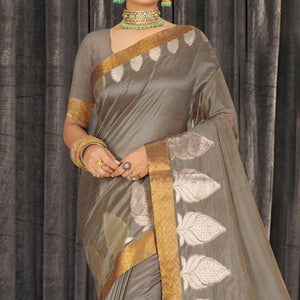 Grey Woven With Embellished Cotton Blend Saree
