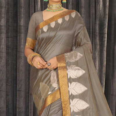 Grey Woven With Embellished Cotton Blend Saree