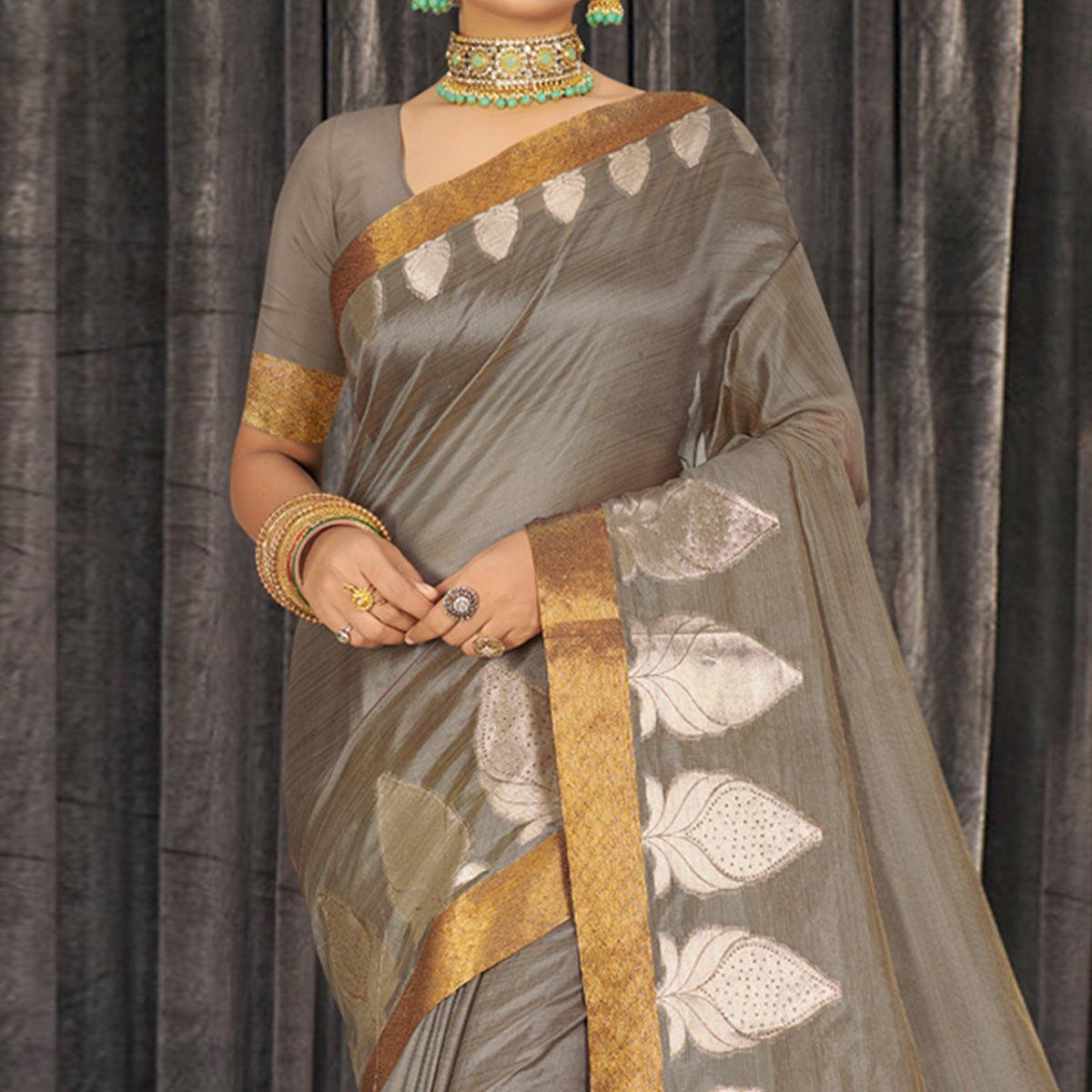 Grey Woven With Embellished Cotton Blend Saree