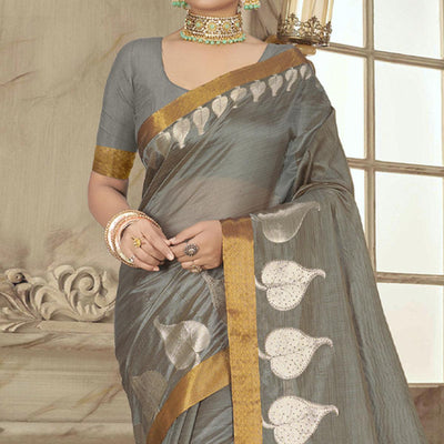 Grey Woven With Embellished Cotton Blend Saree