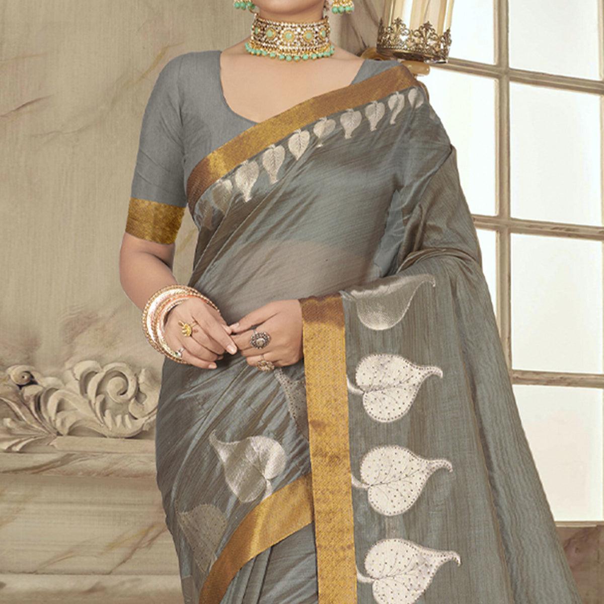 Grey Woven With Embellished Cotton Blend Saree