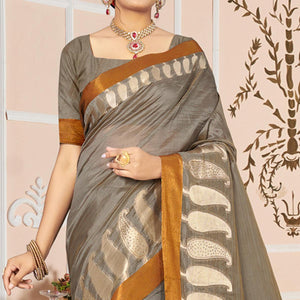 Grey Woven With Embellished Cotton Blend Saree