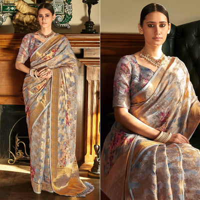 Grey Woven With Printed Cotton Silk Saree With Tassels