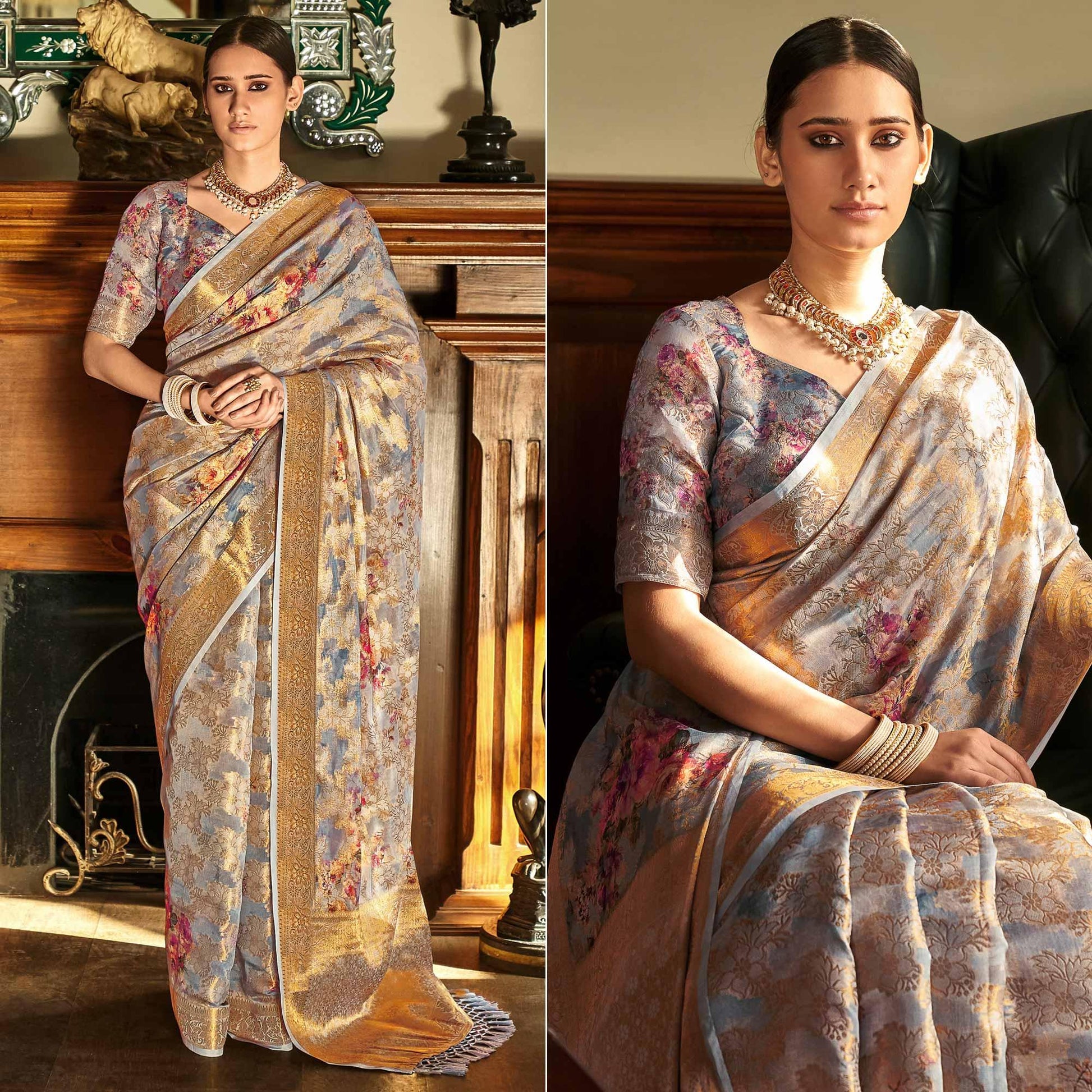 Grey Woven With Printed Cotton Silk Saree With Tassels