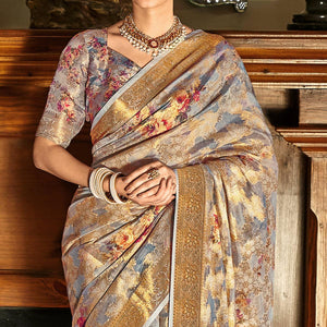 Grey Woven With Printed Cotton Silk Saree With Tassels