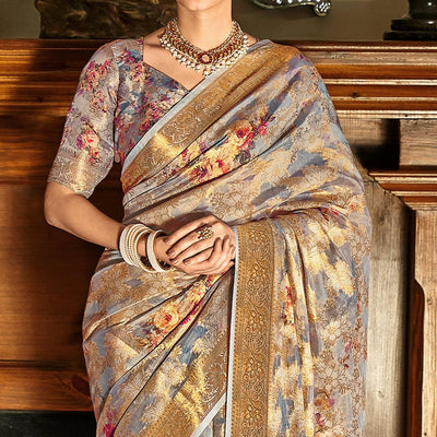 Grey Woven With Printed Cotton Silk Saree With Tassels