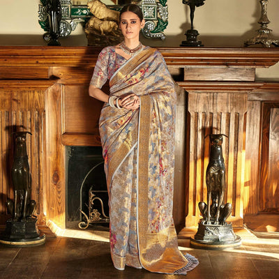 Grey Woven With Printed Cotton Silk Saree With Tassels