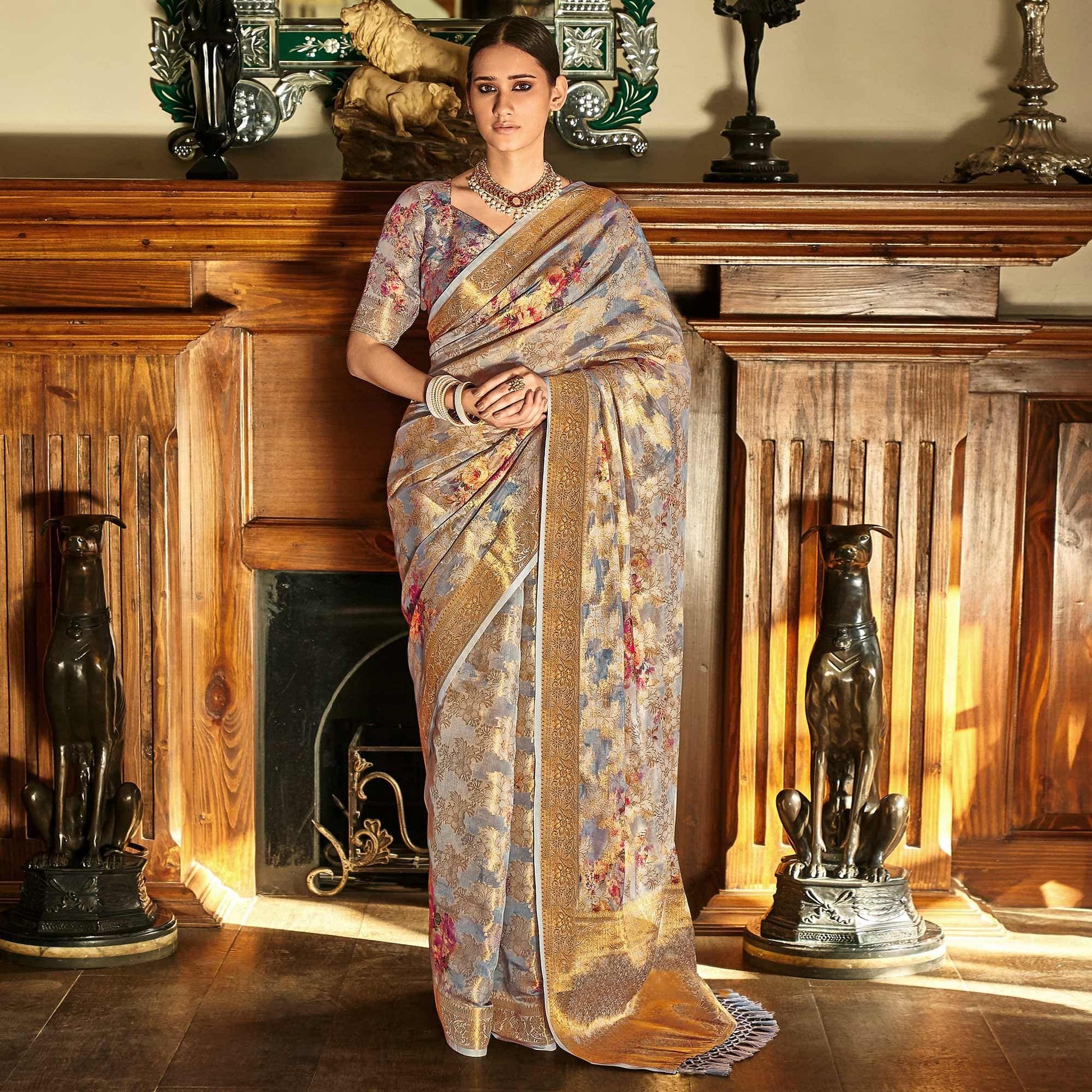 Grey Woven With Printed Cotton Silk Saree With Tassels