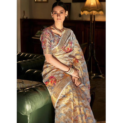 Grey Woven With Printed Cotton Silk Saree With Tassels