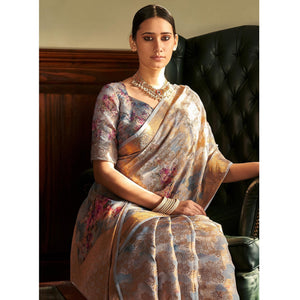 Grey Woven With Printed Cotton Silk Saree With Tassels