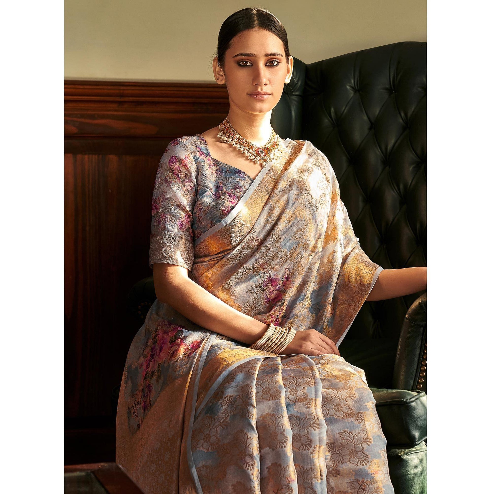 Grey Woven With Printed Cotton Silk Saree With Tassels