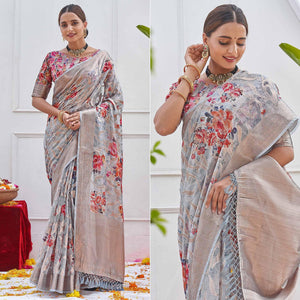 Grey Woven With Printed Organza Saree