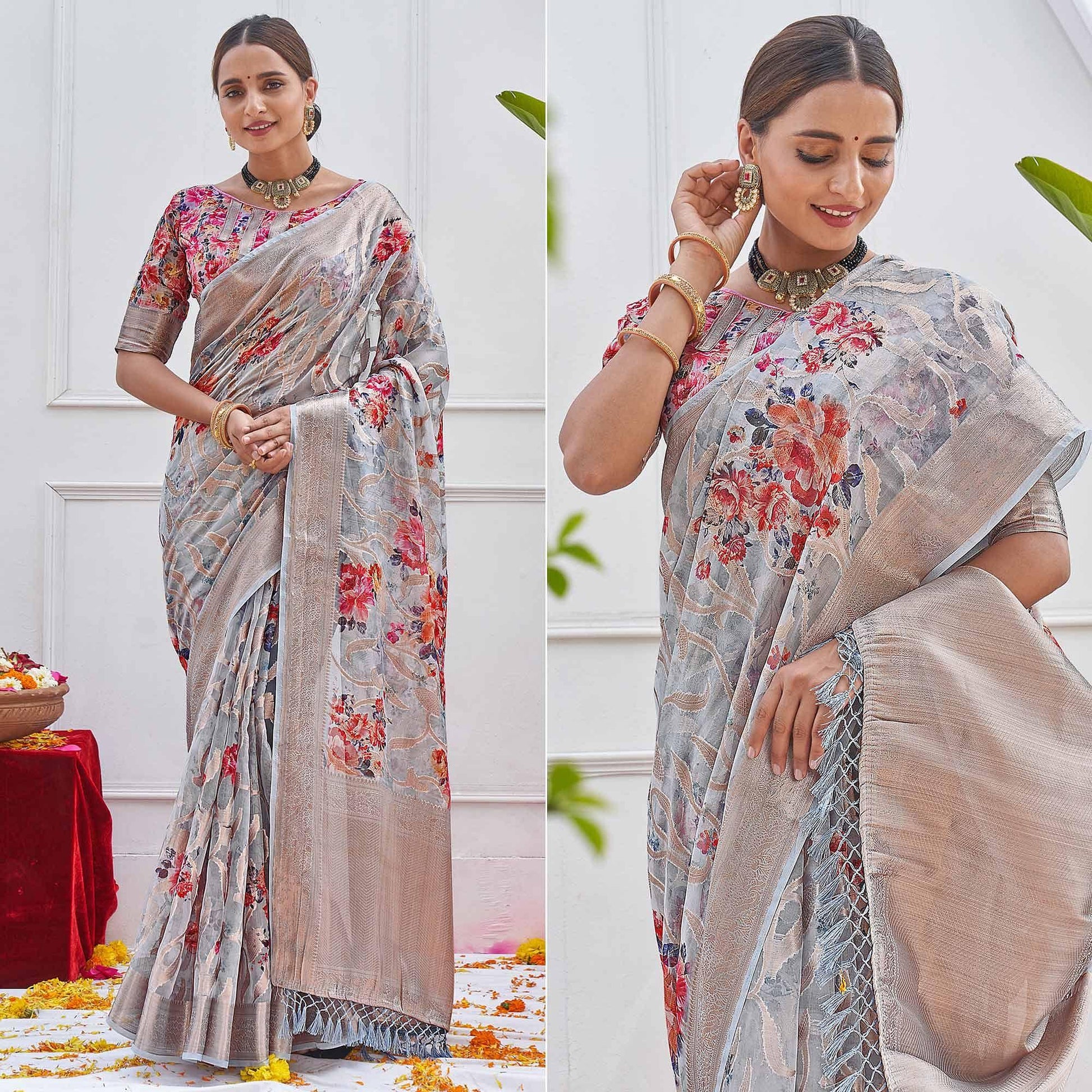 Grey Woven With Printed Organza Saree