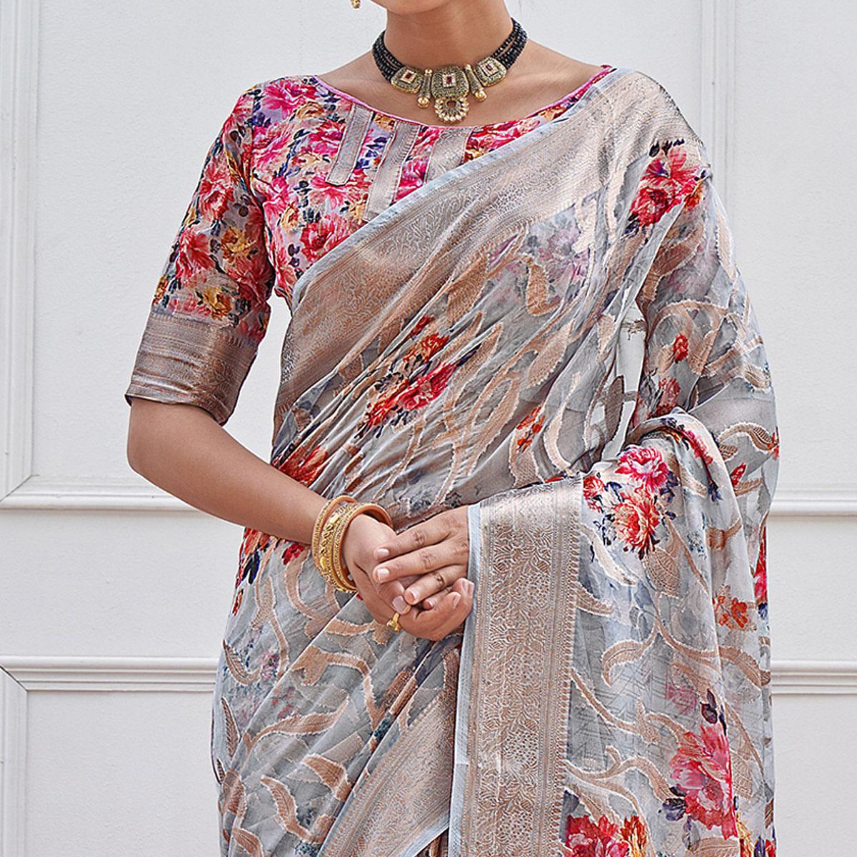 Grey Woven With Printed Organza Saree