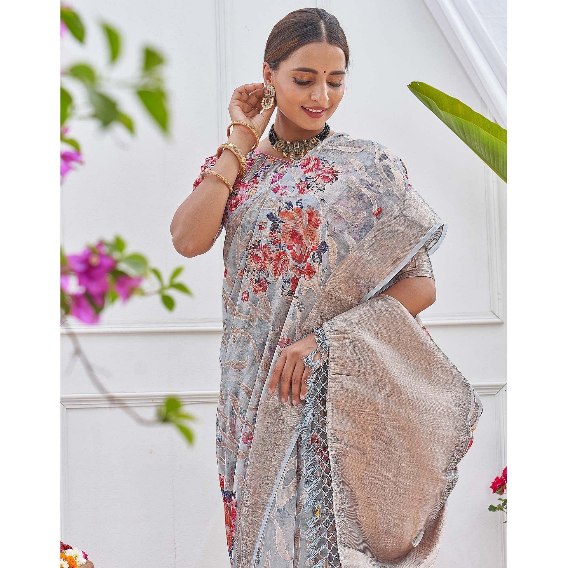 Grey Woven With Printed Organza Saree