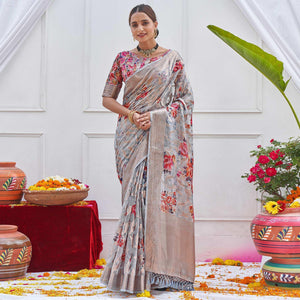 Grey Woven With Printed Organza Saree