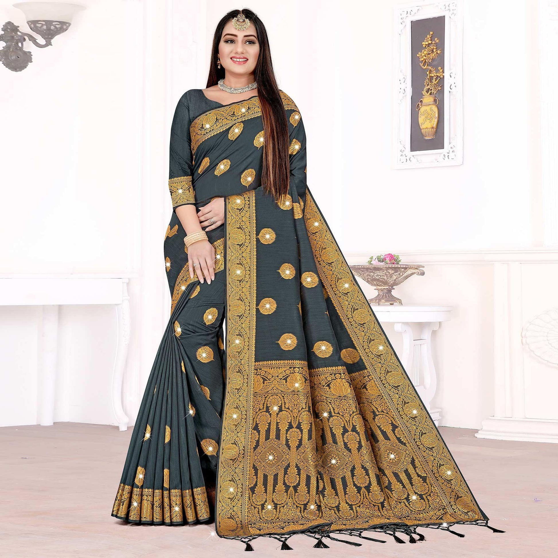 Grey Woven With Swarovski Cotton Silk Saree