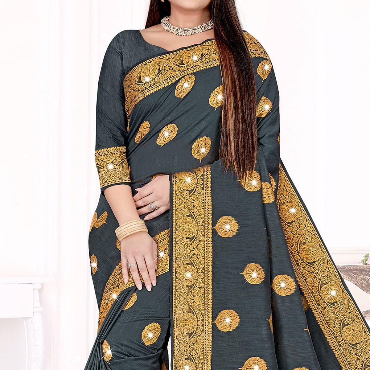 Grey Woven With Swarovski Cotton Silk Saree