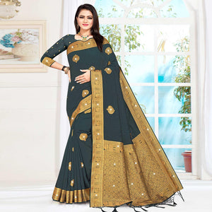 Grey Woven With Swarovski Cotton Silk Saree With Tassels