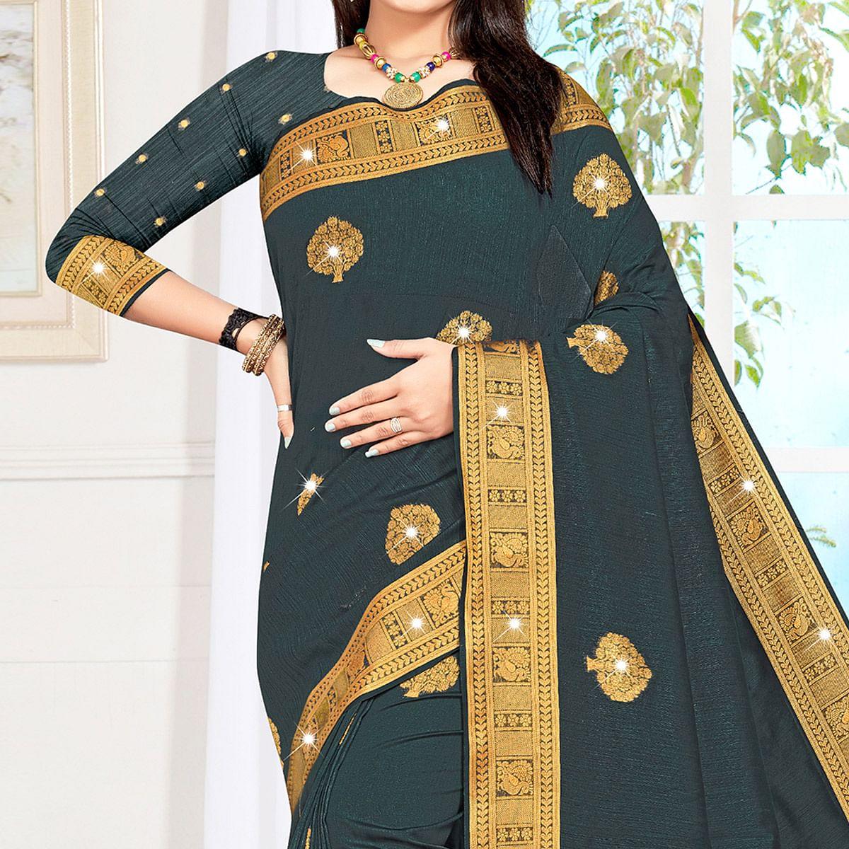 Grey Woven With Swarovski Cotton Silk Saree With Tassels