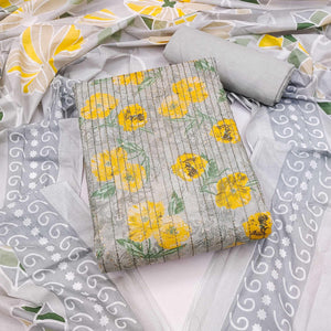 Grey-Yellow Printed With Embroidered Pure Cotton Dress Material