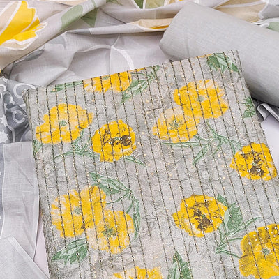 Grey-Yellow Printed With Embroidered Pure Cotton Dress Material