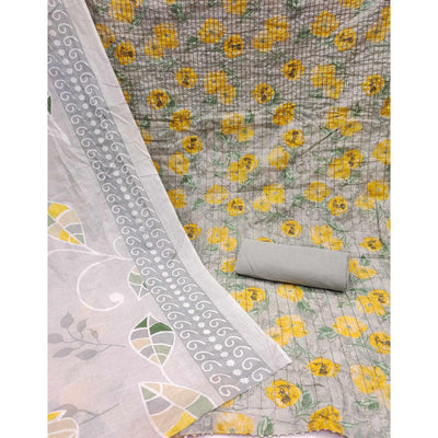 Grey-Yellow Printed With Embroidered Pure Cotton Dress Material