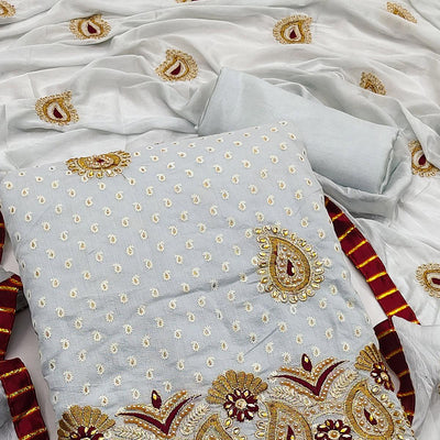 Grey Zardosi Work Fancy Fabric Dress Material
