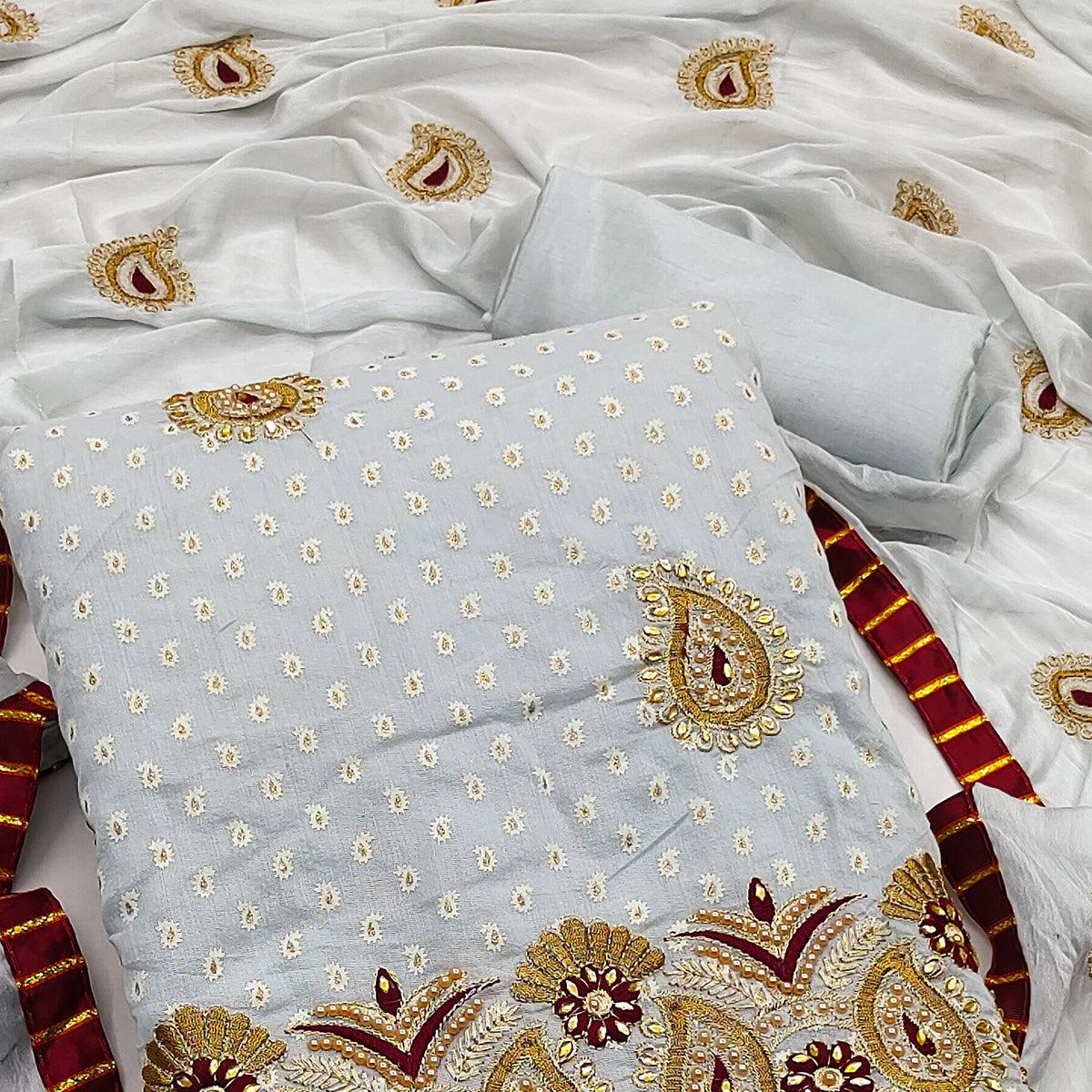 Grey Zardosi Work Fancy Fabric Dress Material