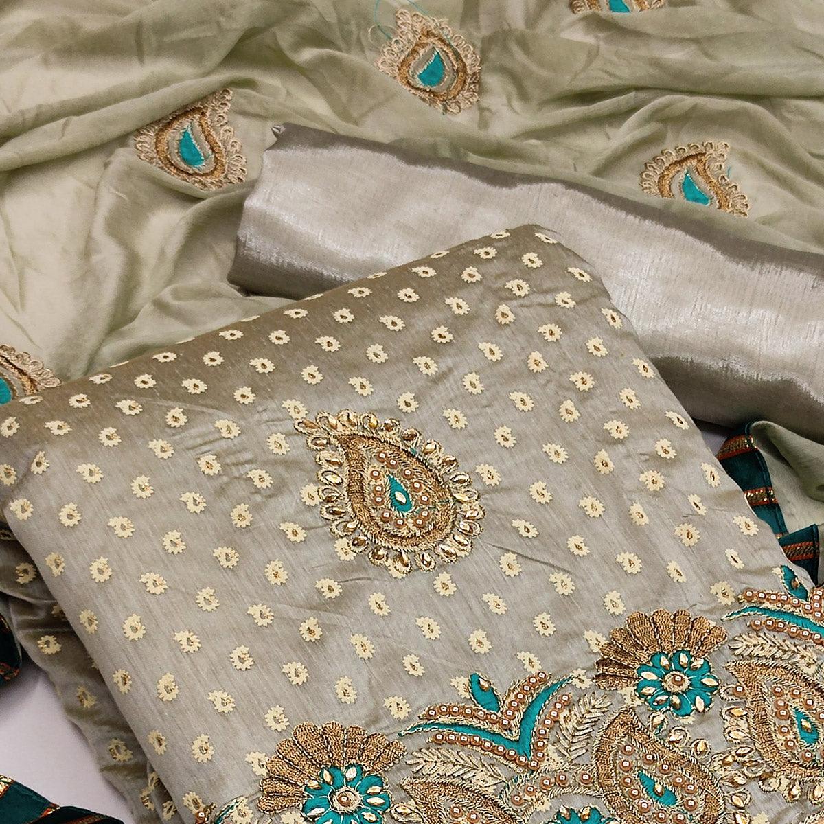 Grey Zardosi Work Fancy Fabric Dress Material