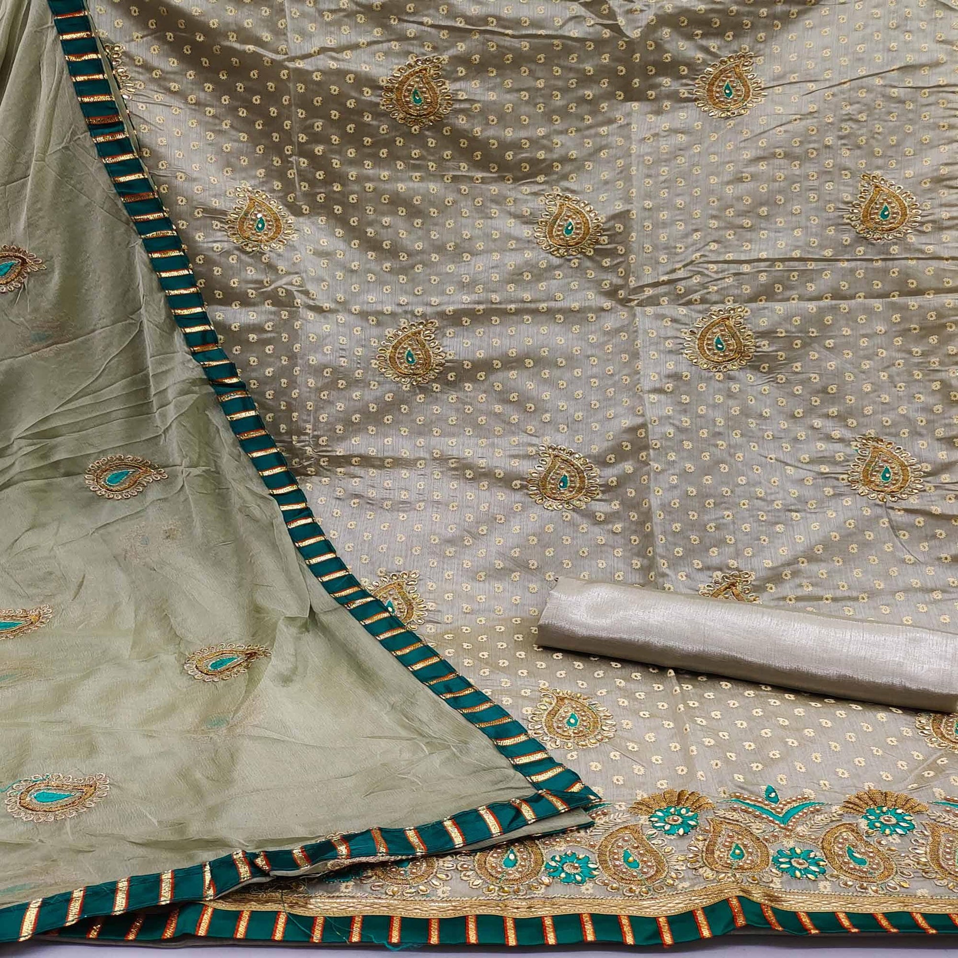 Grey Zardosi Work Fancy Fabric Dress Material