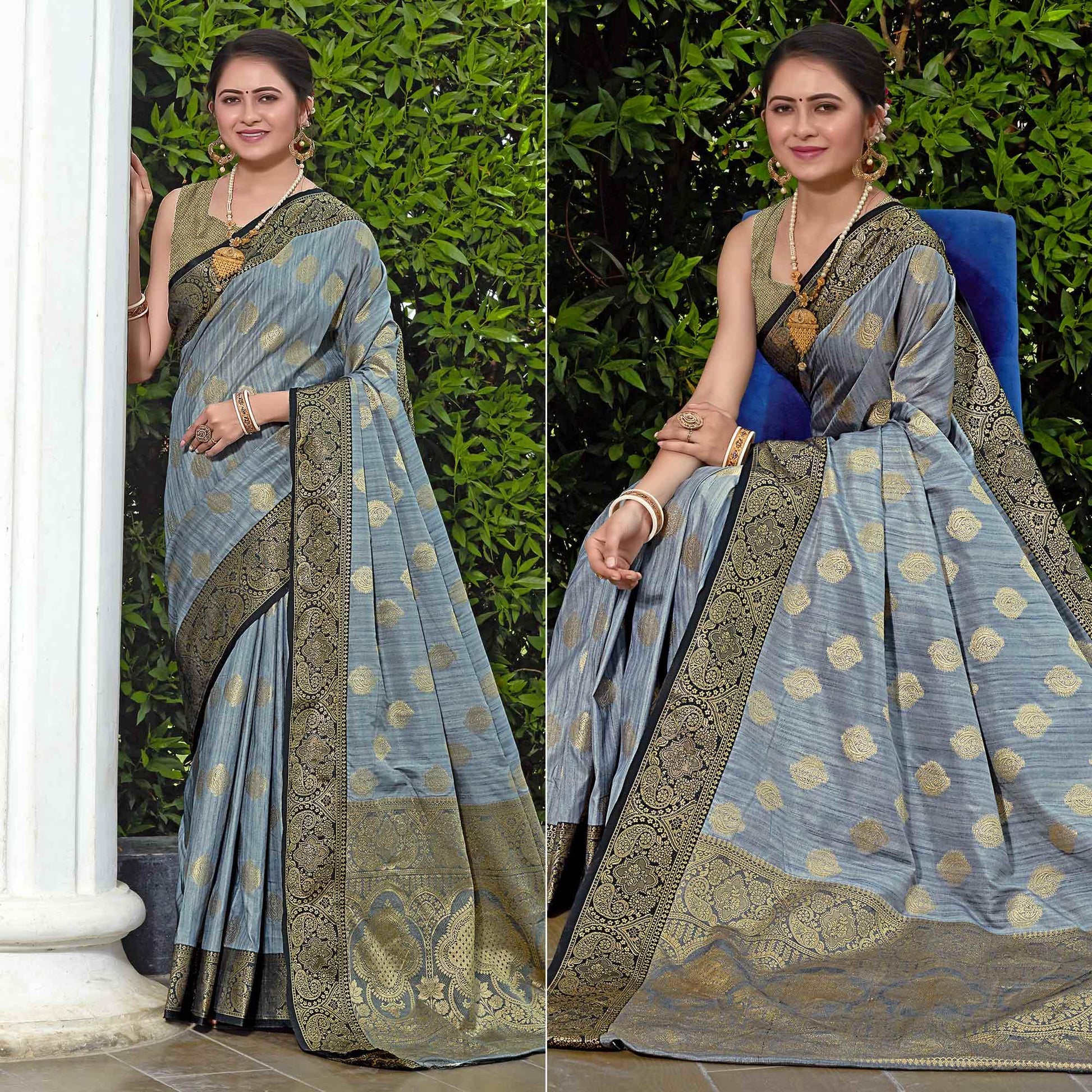 Grey Zari Woven Art Silk Saree