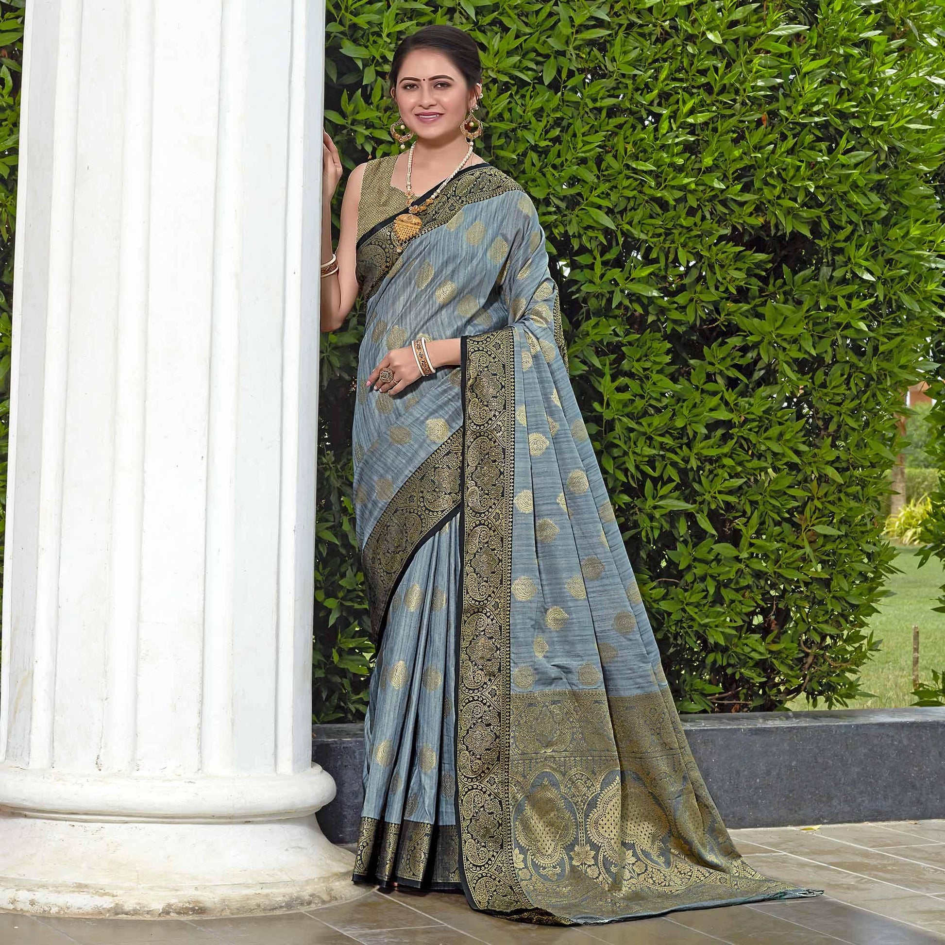 Grey Zari Woven Art Silk Saree