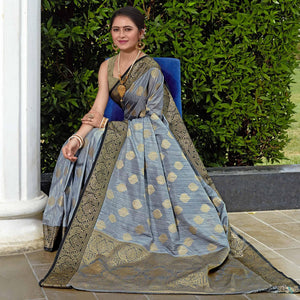 Grey Zari Woven Art Silk Saree